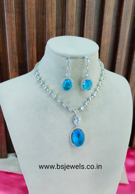 Sky Blue Silver CZ Necklace Jewellery Fairfield Set