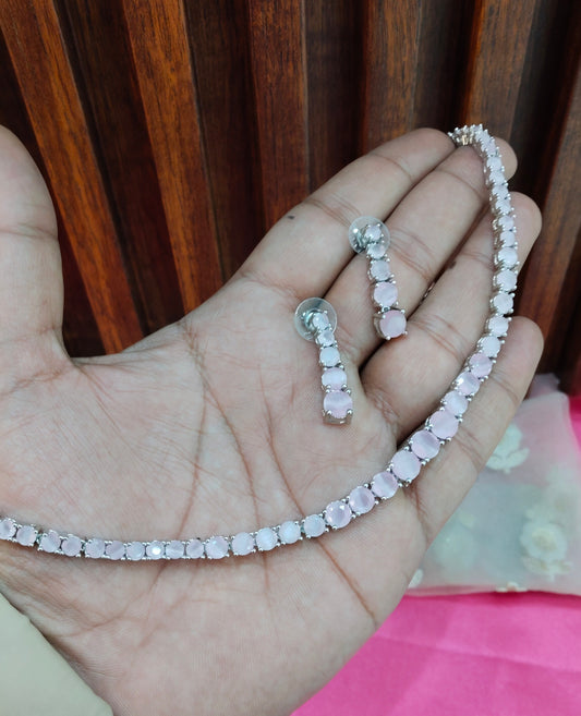 Pink Silver CZ Necklace Jewellery Dua Set