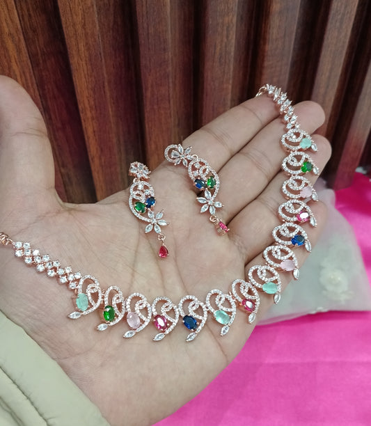 Rose Multi Colour American Diamond Cz Necklace Jewellery Calm Set
