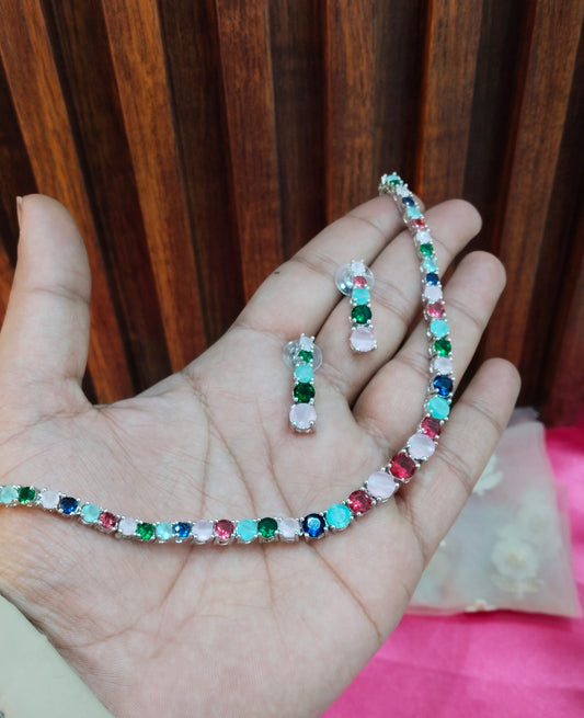 Multi Color Silver CZ Necklace Jewellery Dua Set