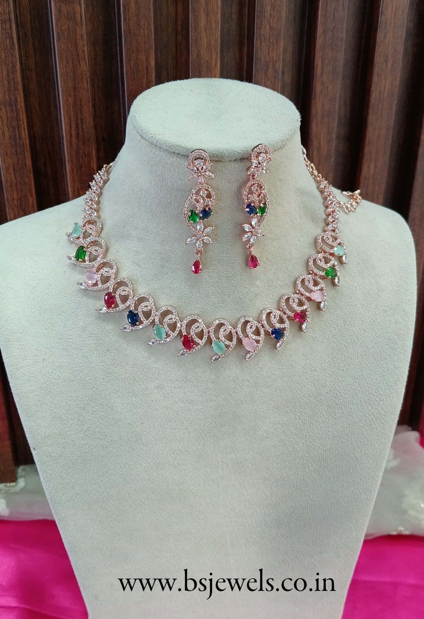 Rose Multi Colour American Diamond Cz Necklace Jewellery Calm Set