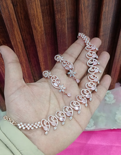 Rose Pink American Diamond Cz Necklace Jewellery Calm Set