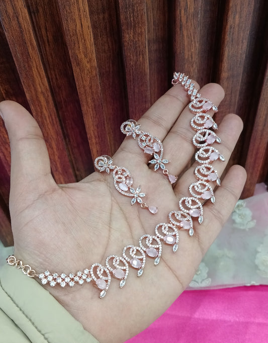 Rose Pink American Diamond Cz Necklace Jewellery Calm Set
