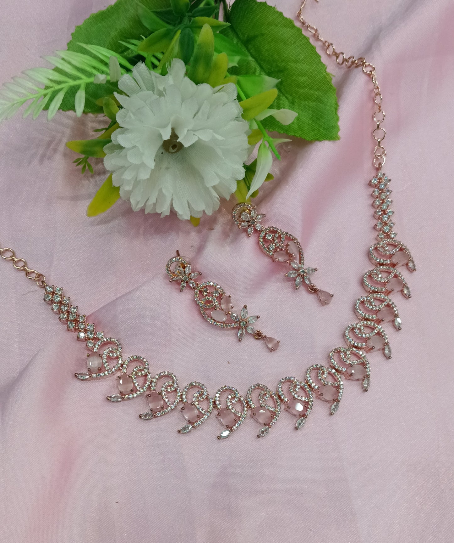 Rose Pink American Diamond Cz Necklace Jewellery Calm Set
