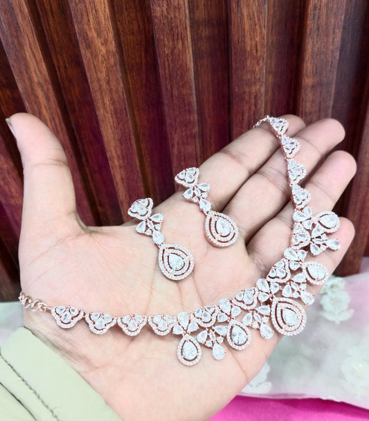 Rose Clear American Diamond Cz Necklace Jewellery Power Set
