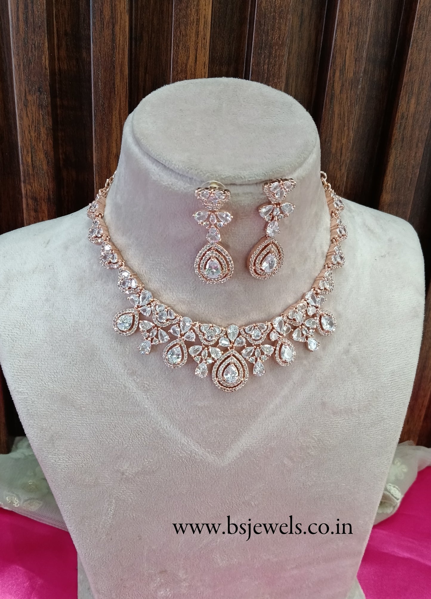 Rose Clear American Diamond Cz Necklace Jewellery Power Set