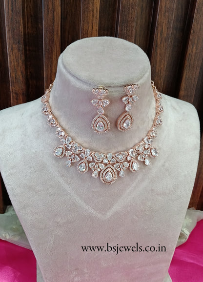 Rose Clear American Diamond Cz Necklace Jewellery Power Set