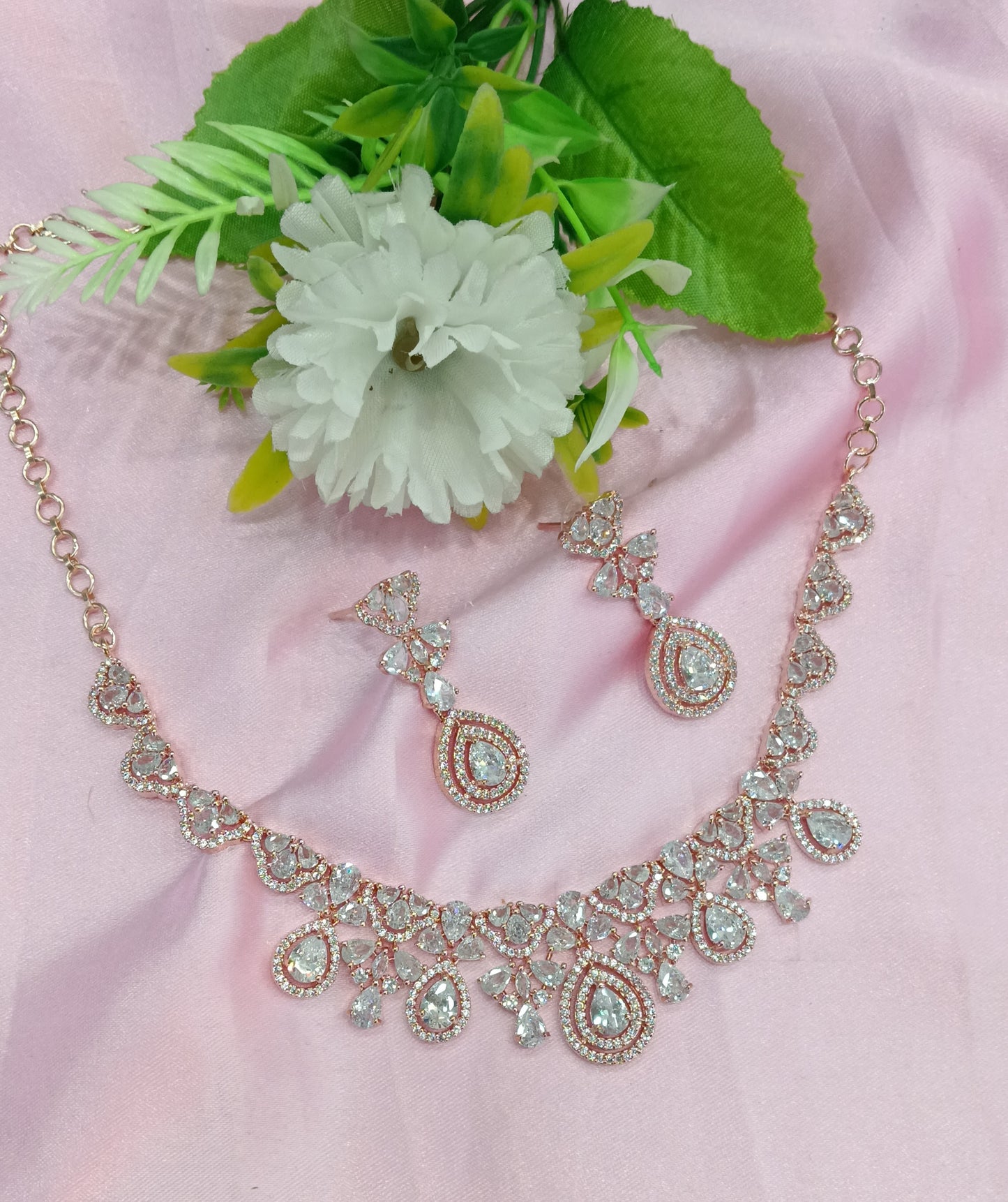 Rose Clear American Diamond Cz Necklace Jewellery Power Set