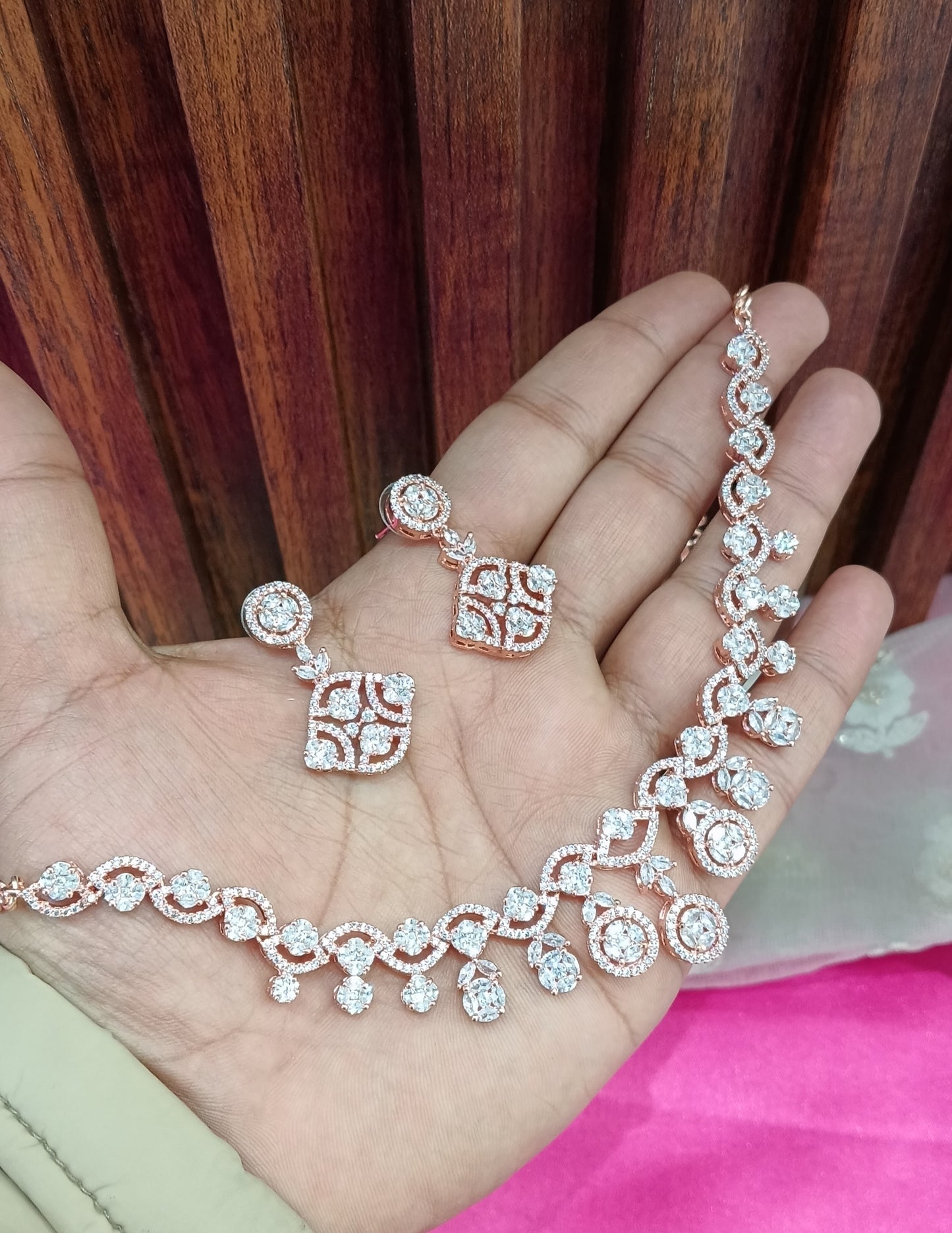Rose Clear American Diamond Cz Necklace Jewellery Pasoori Set