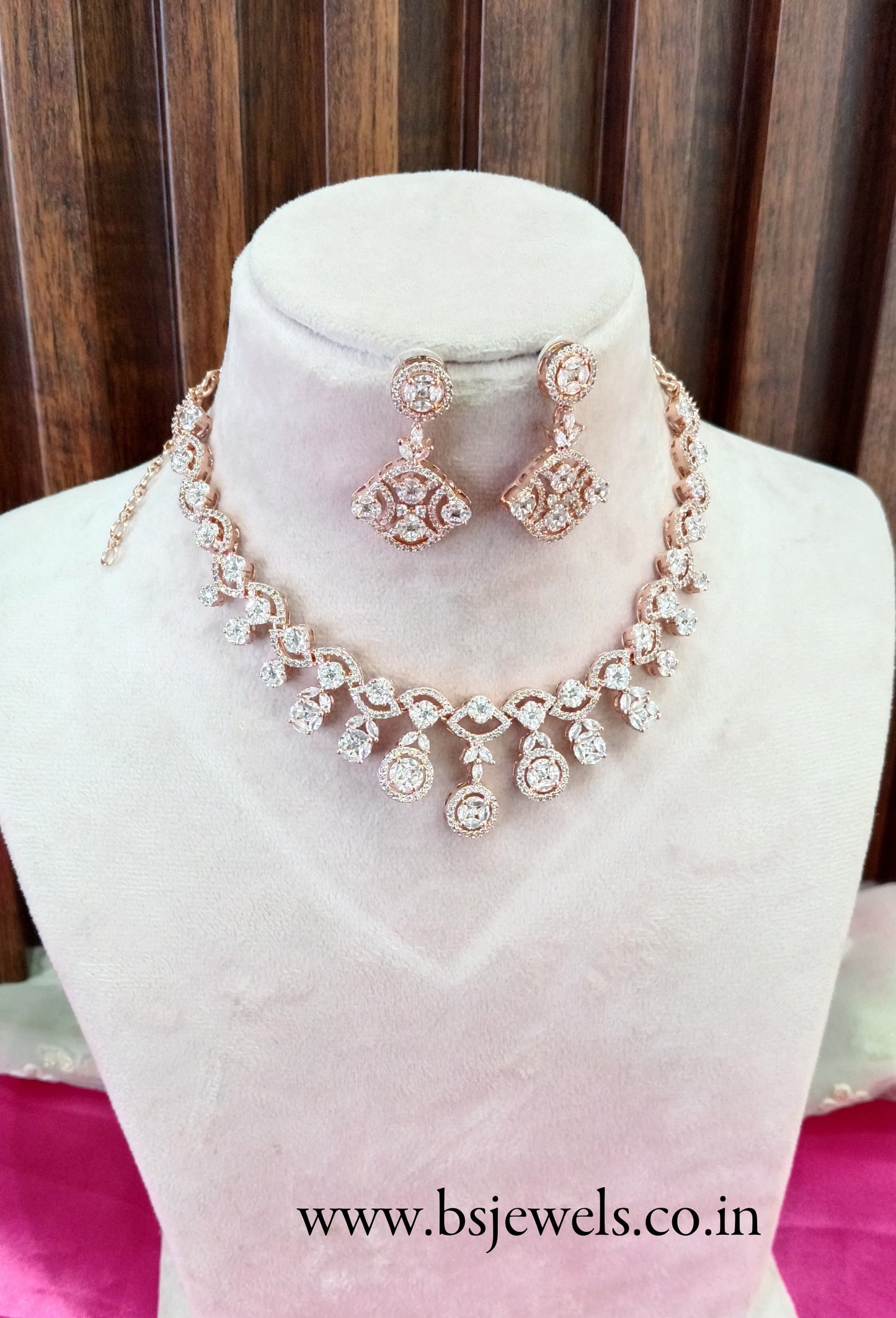 Rose Clear American Diamond Cz Necklace Jewellery Pasoori Set