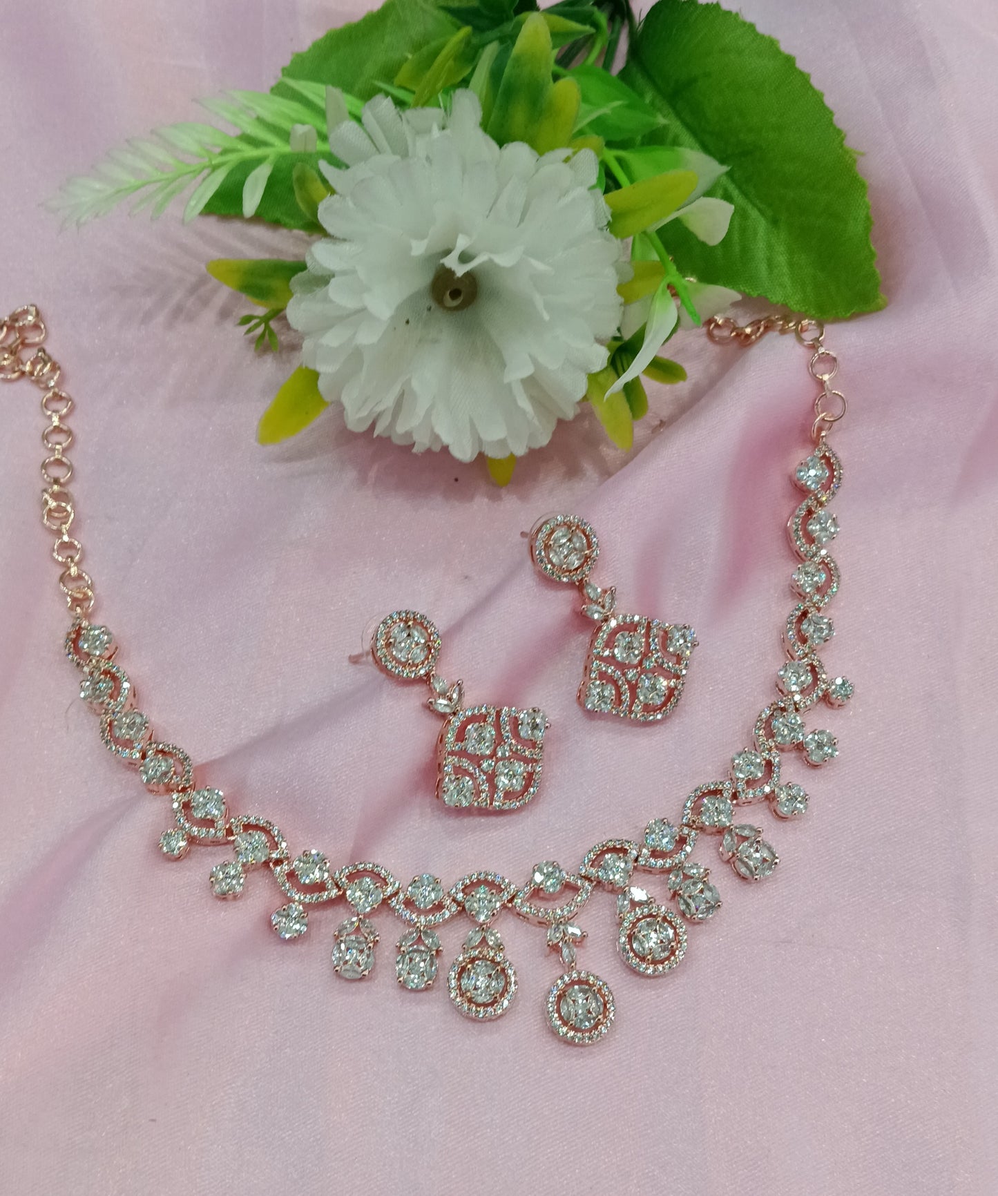 Rose Clear American Diamond Cz Necklace Jewellery Pasoori Set