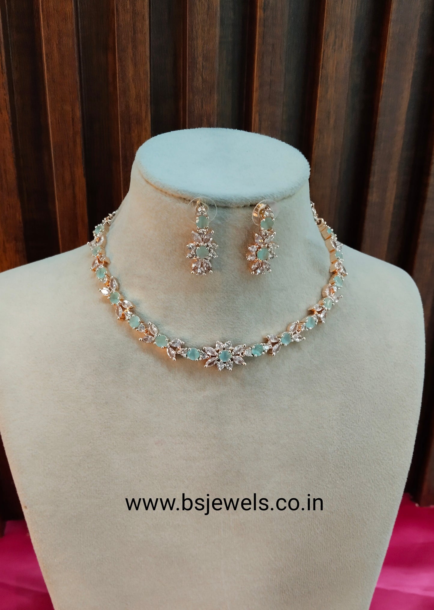 Pista Rose CZ Necklace Jewellery Frisco Set