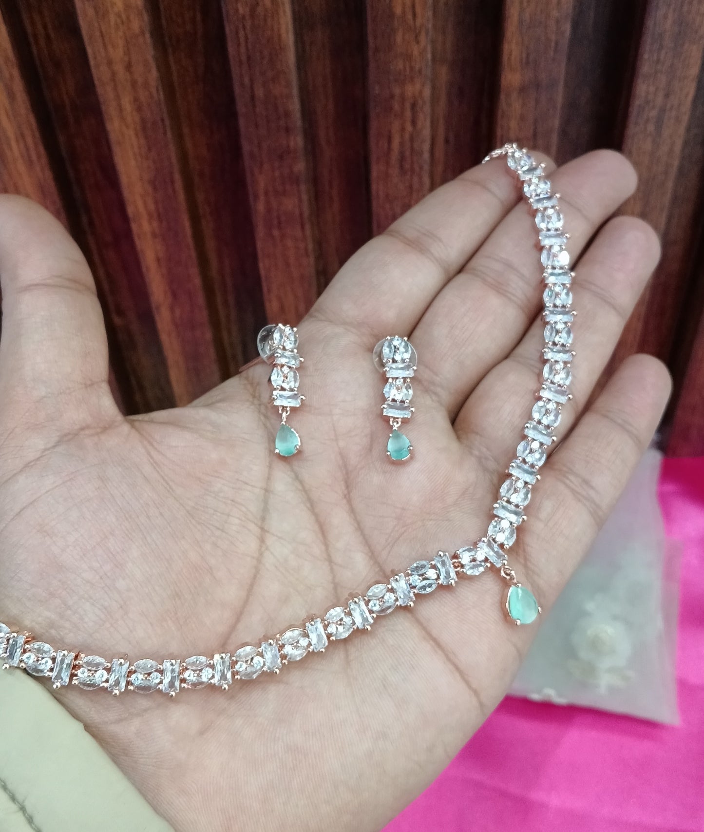 Rose Pista American Diamond Cz Necklace Jewellery Dilpreet Set