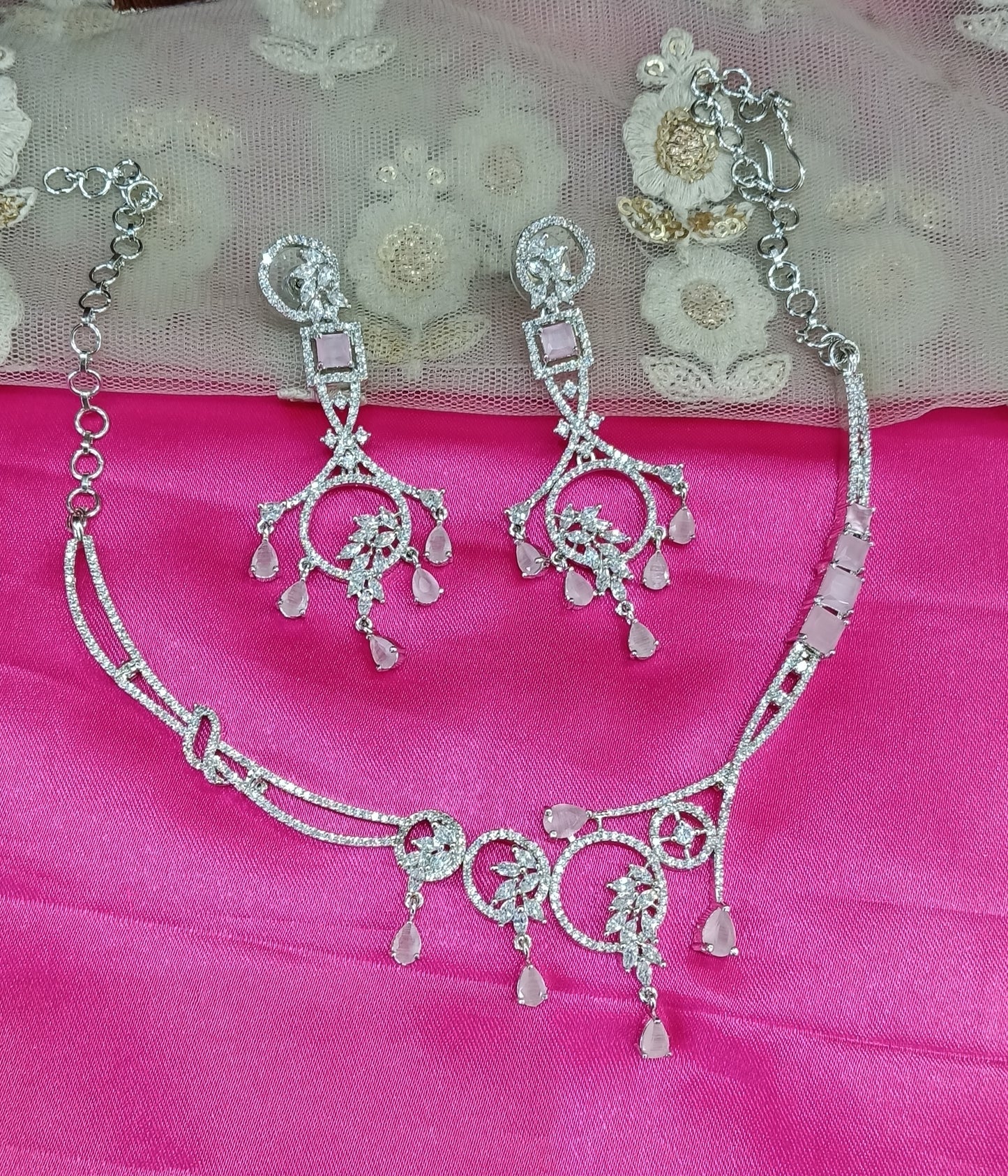 Silver Pink American Diamond Cz Necklace Jewellery keller Set