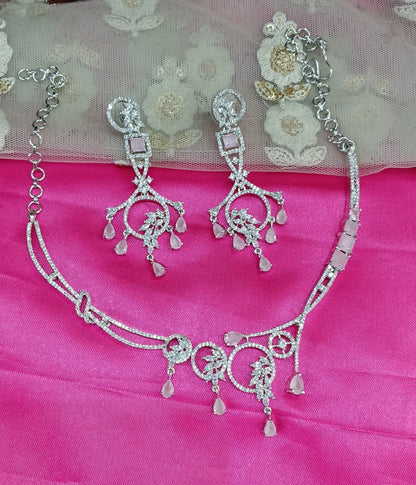Silver Pink American Diamond Cz Necklace Jewellery keller Set