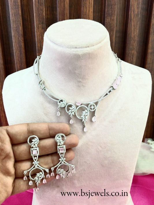 Silver Pink American Diamond Cz Necklace Jewellery keller Set