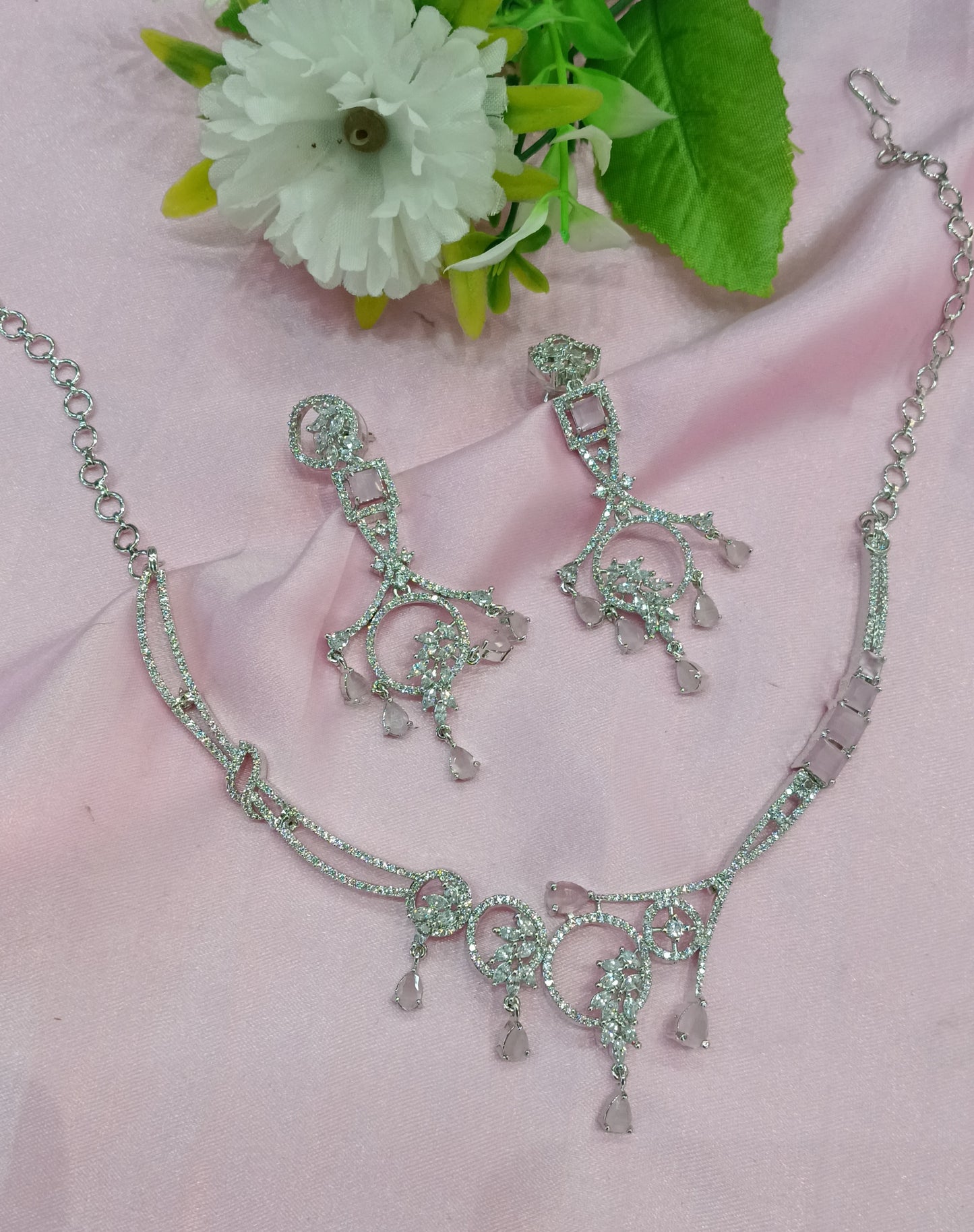 Silver Pink American Diamond Cz Necklace Jewellery keller Set