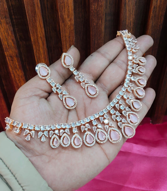 Pink Rose CZ Necklace Jewellery  Music Set