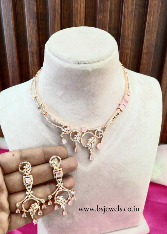Silver Pink American Diamond Cz Necklace Jewellery keller Set