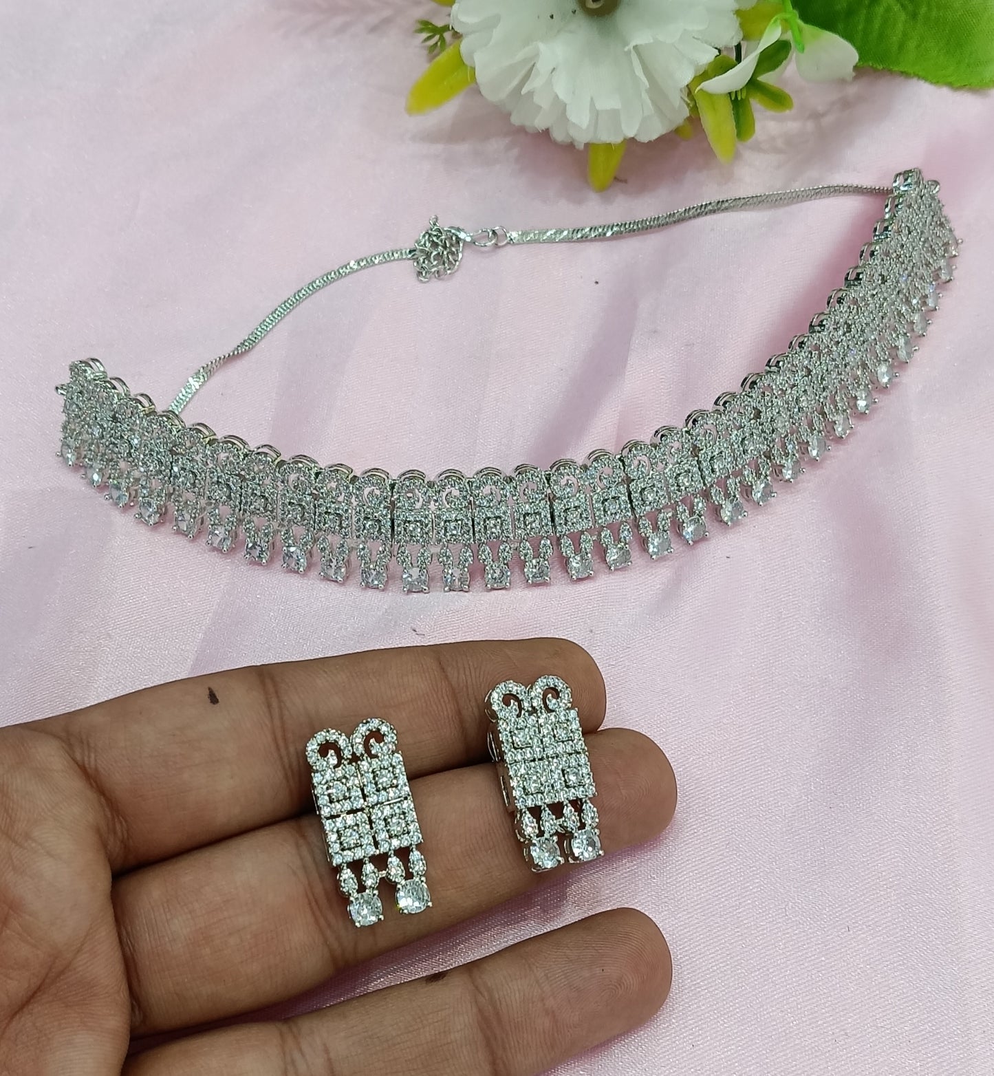Silver American Diamond Cz Necklace Jewellery Buffalo Set