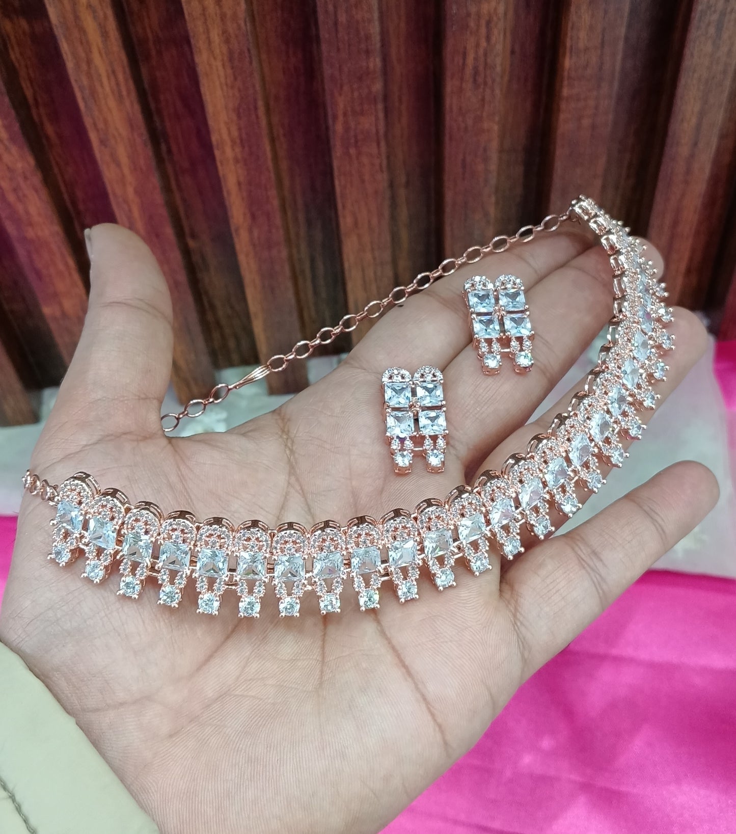 Rose White American Diamond Cz Necklace Jewellery Buffalo Set