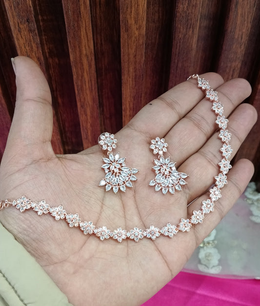 Rose Gold American Diamond Cz Necklace Jewellery Sia Set