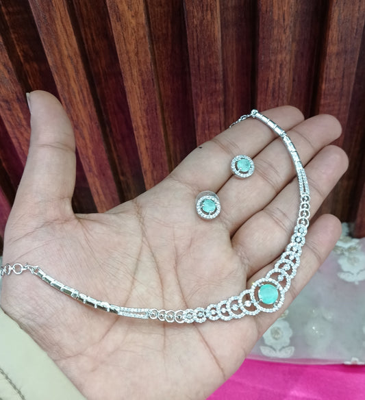 Silver Sea Green American Diamond Cz Necklace Jewellery Corpus Set