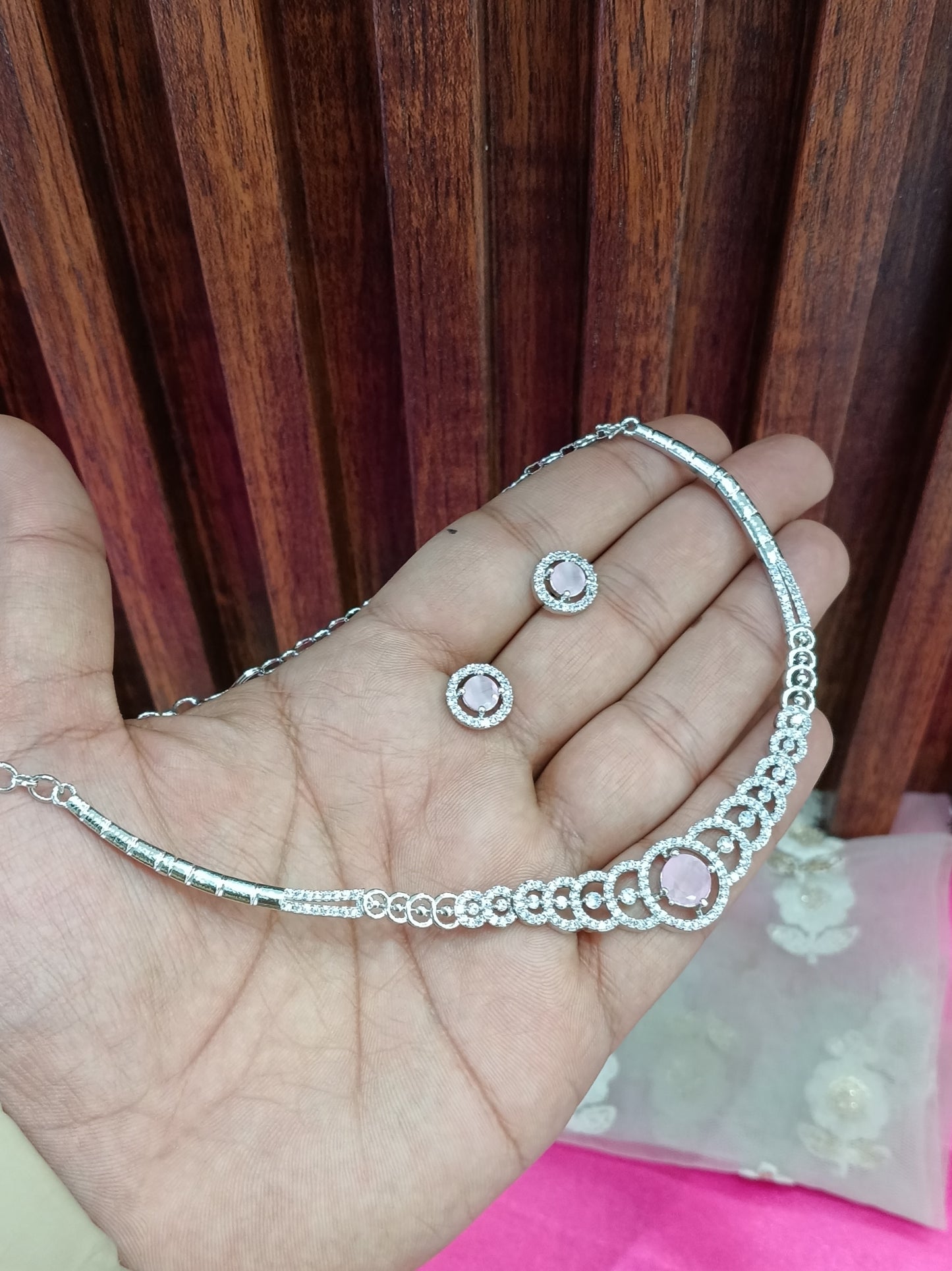 Silver Pink American Diamond Cz Necklace Jewellery Corpus Set