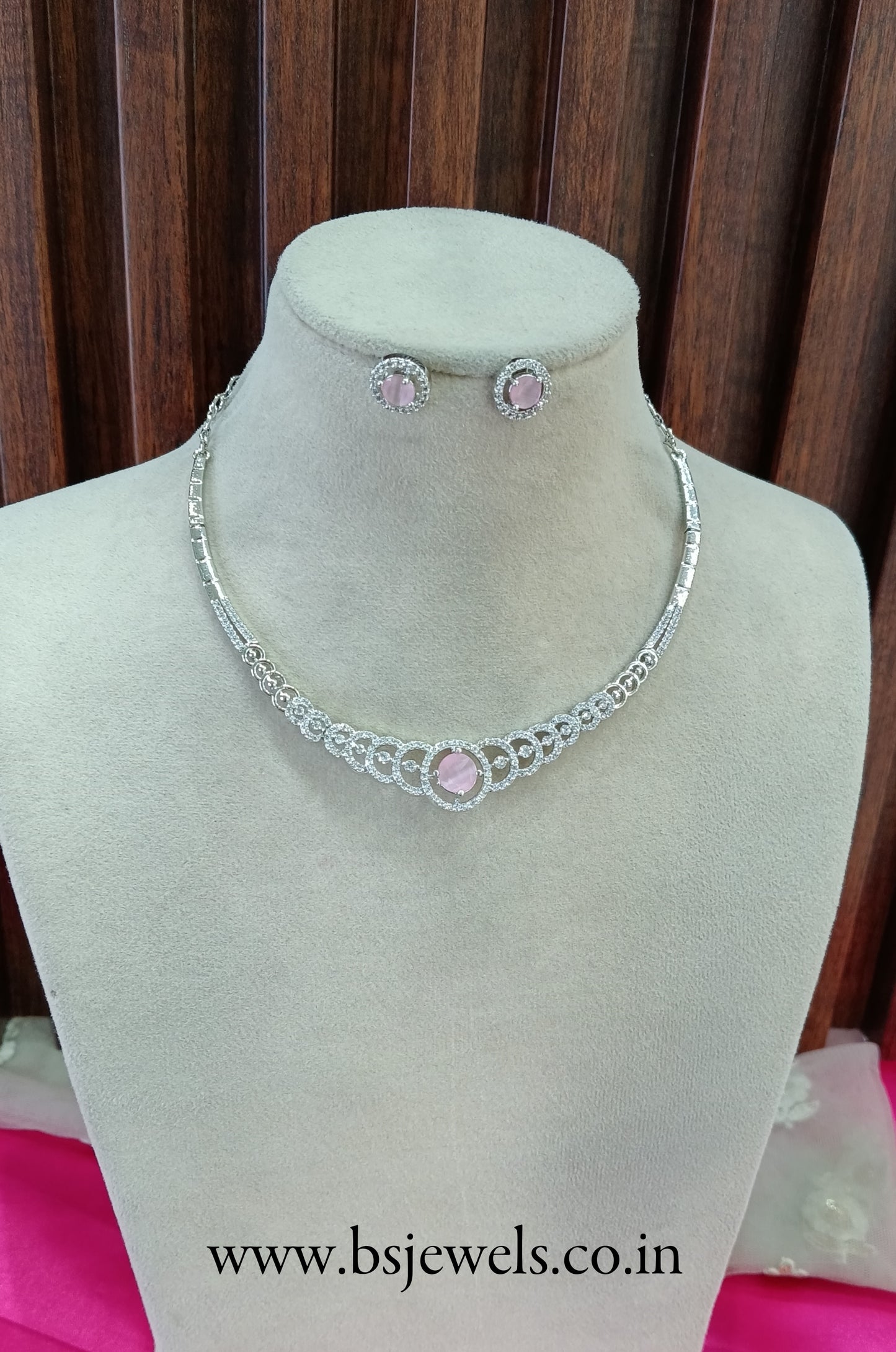 Silver Pink American Diamond Cz Necklace Jewellery Corpus Set