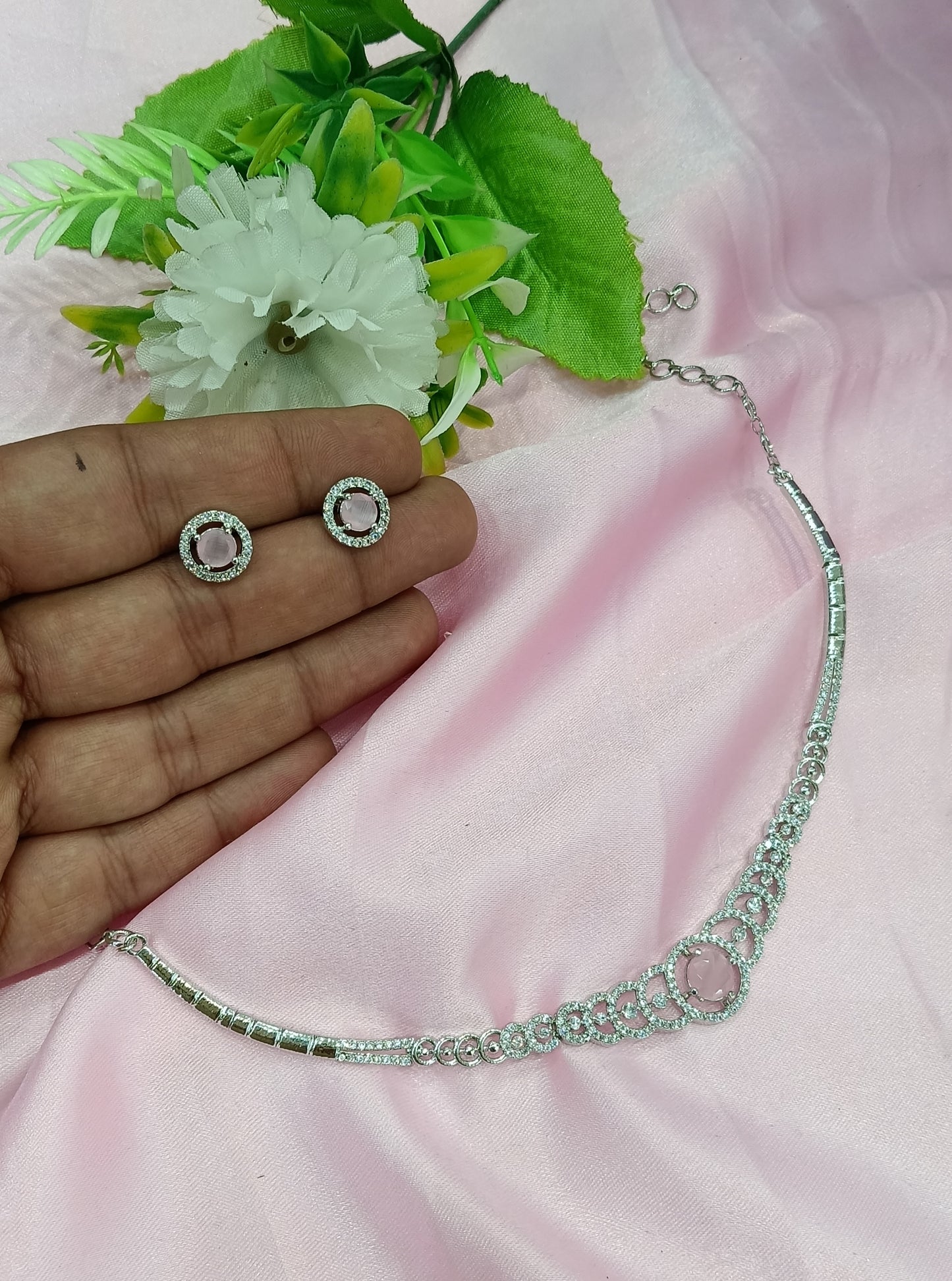 Silver Pink American Diamond Cz Necklace Jewellery Corpus Set