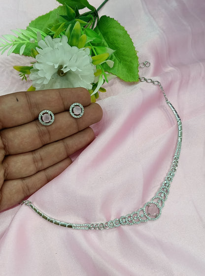 Silver Pink American Diamond Cz Necklace Jewellery Corpus Set