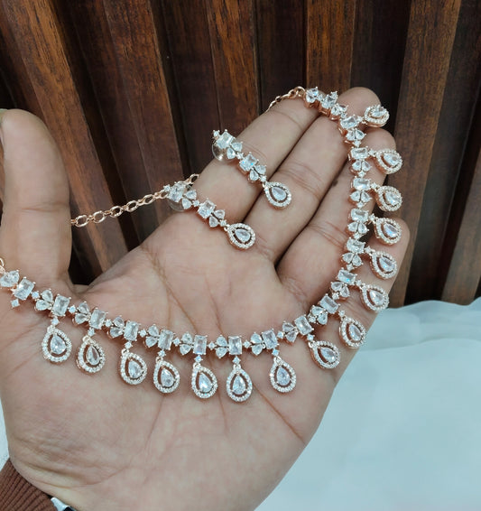 White Rose CZ Necklace Jewellery Chammak Set