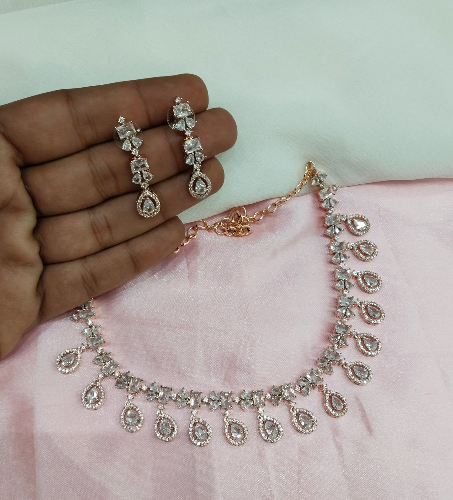 White Rose CZ Necklace Jewellery Chammak Set