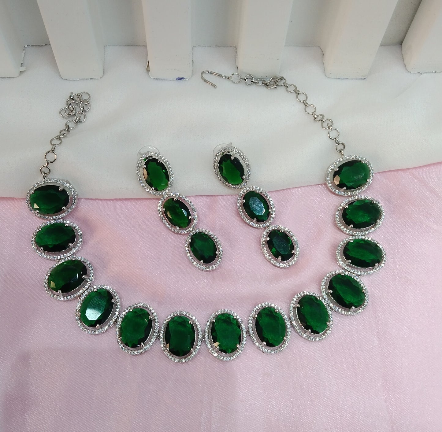 Green Silver CZ Necklace Jewellery Sheet Set