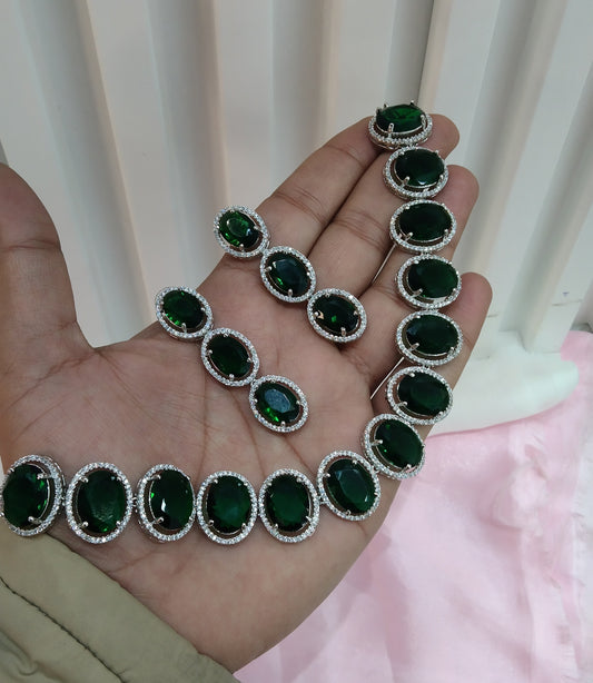 Green Silver CZ Necklace Jewellery Sheet Set