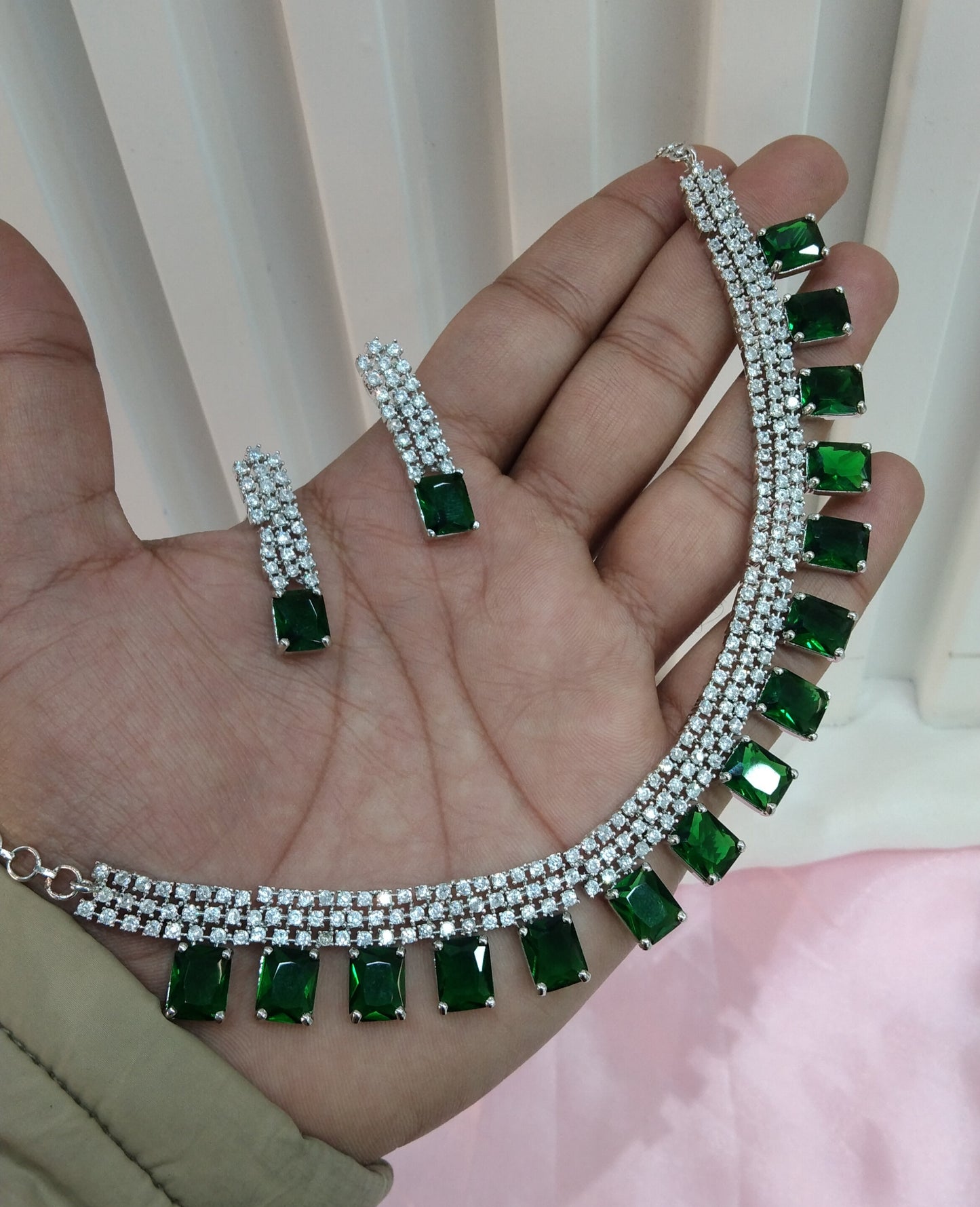 Green Silver CZ Necklace Jewellery Sheet Set