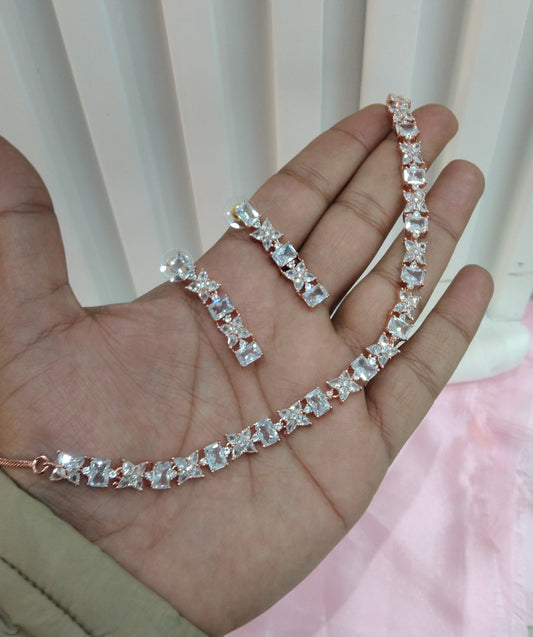 White Rose CZ Necklace Jewellery Rahwey Set