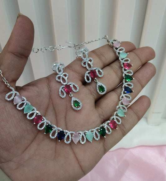 Multi Color Silver CZ Necklace Jewellery Above Set