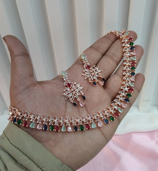 Multi Color Rose CZ Necklace Jewellery Phoenix Set