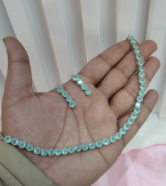 Silver Sea Green CZ Necklace Jewellery Dans Set