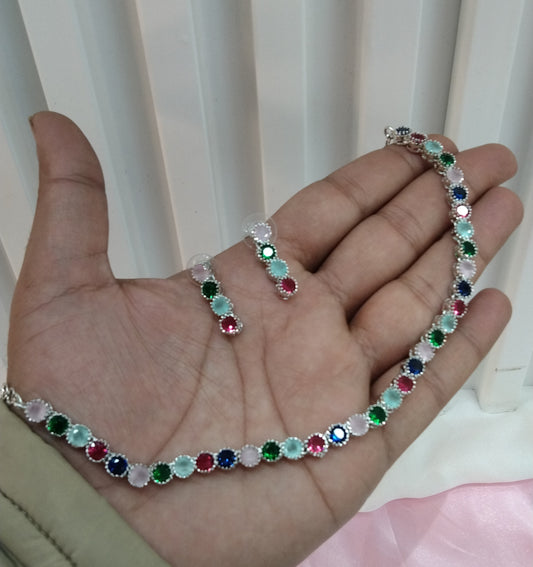 Silver Multi Colour CZ Necklace Jewellery Dans Set