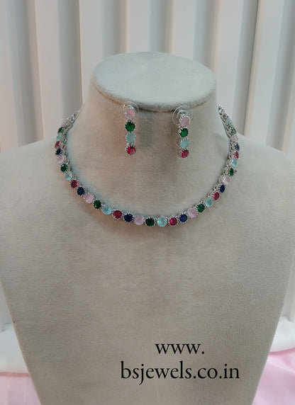 Silver Multi Colour CZ Necklace Jewellery Dans Set