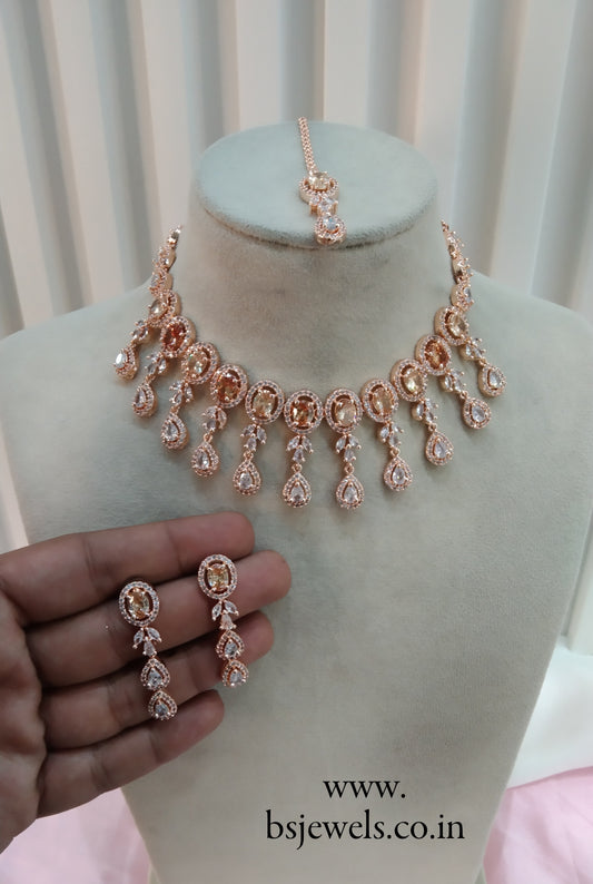 Rose Gold CZ Necklace Jewellery Coloumbia Set