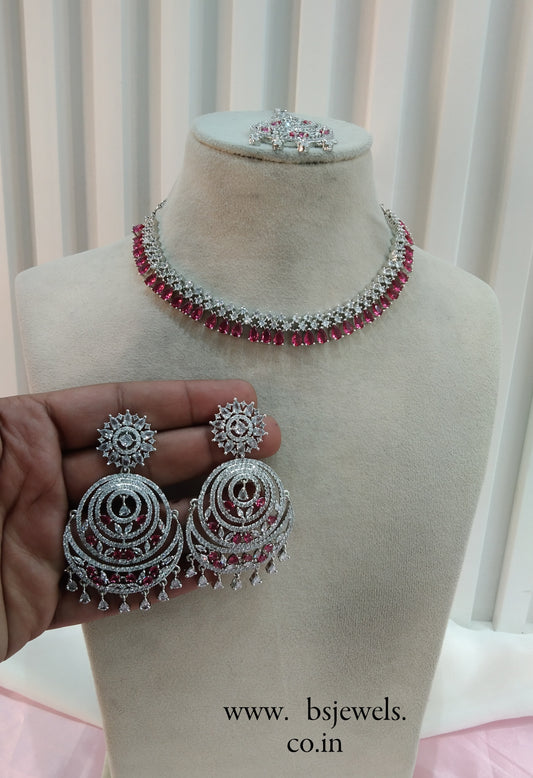 Silver Ruby CZ Necklace Jewellery Ranjha Set