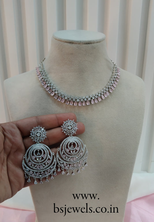 Silver Pink CZ Necklace Jewellery Ranjha Set
