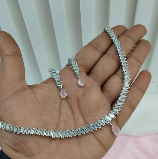 Pink Silver CZ Necklace Jewellery Ajay Set