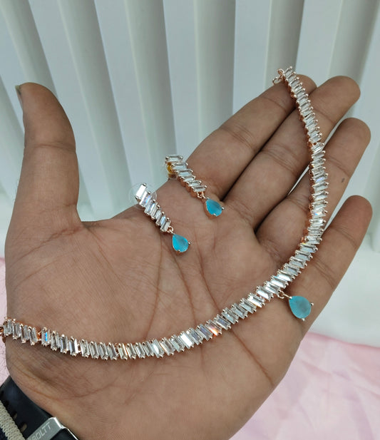 Sky Blue Rose CZ Necklace Jewellery Ajay Set