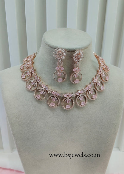Pink Rose CZ Necklace Jewellery Sanam Set