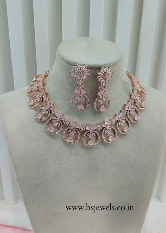 Pink Rose CZ Necklace Jewellery Sanam Set