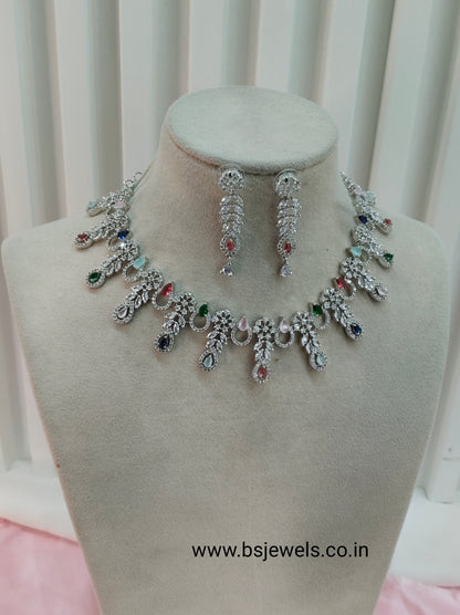 Multi Color Silver CZ Necklace Jewellery Ranjha Set